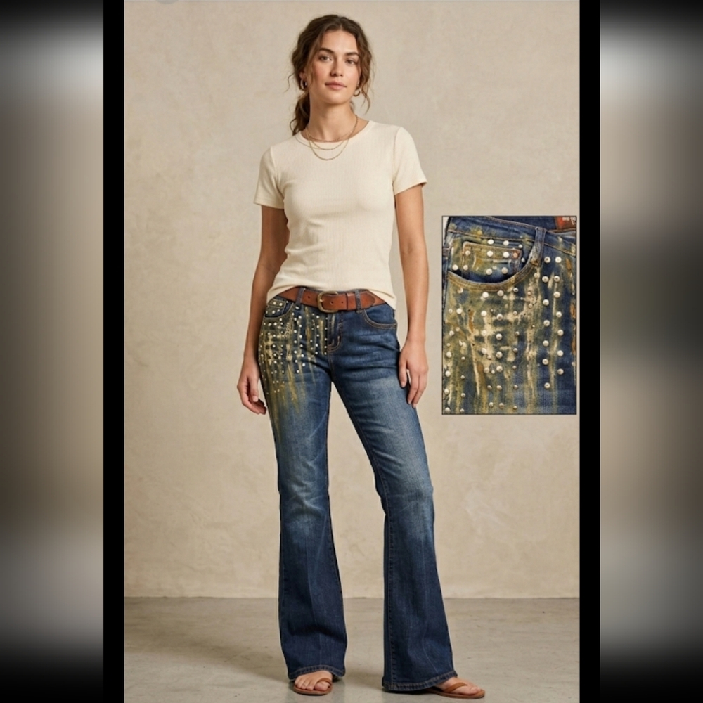 Be Good Vintage Y2k  Cotton Embellished Flare Jeans